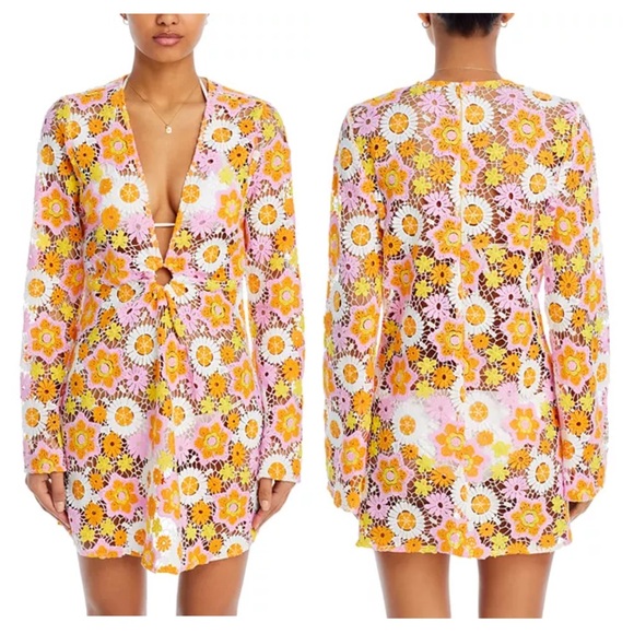 Ramy Brook Other - Ramy Brook Pink & Yellow Floral Crochet Swim Coverup